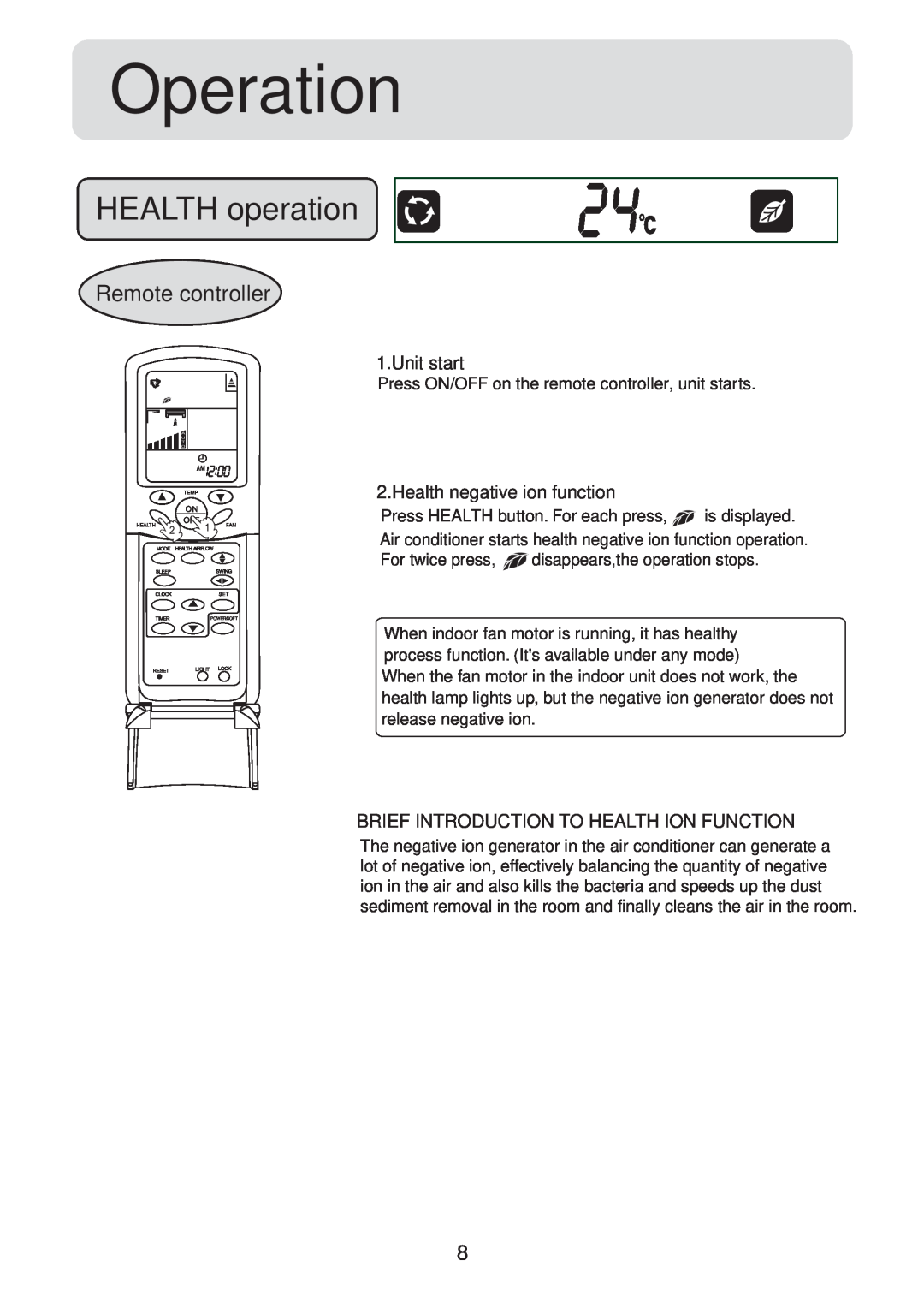 Haier HSU-09HV04, HSU-12HV04, HSU-18HV04, HSU-22HV04 operation manual Operation, HEALTH operation, Remote controller 
