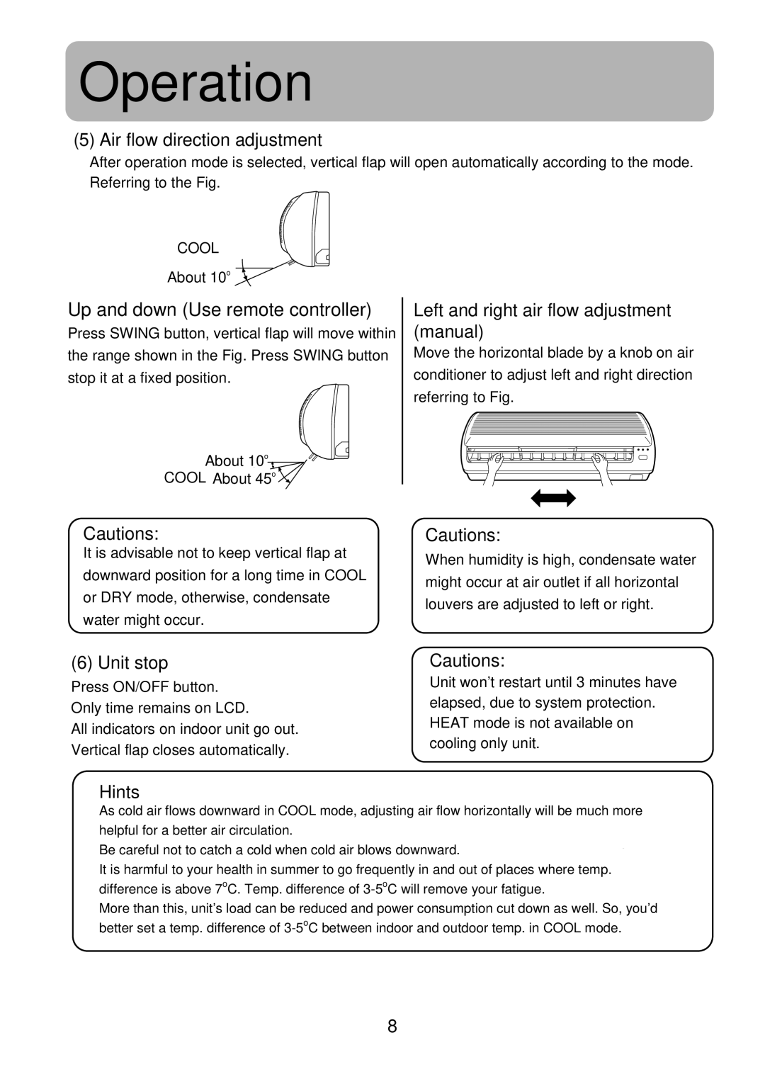 Haier HSU-18LE03, HSU-09LE03, HSU-12LE03 Air flow direction adjustment, Left and right air flow adjustment manual 