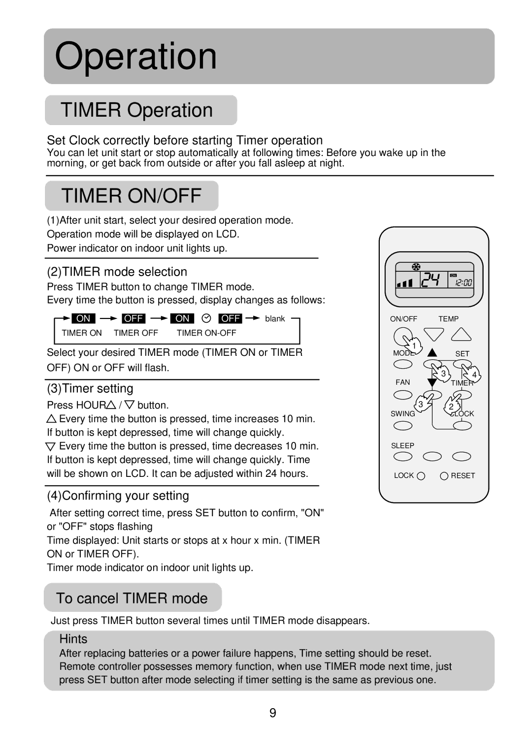 Haier HSU-22LE03, HSU-09LE03 Timer Operation, To cancel Timer mode, Set Clock correctly before starting Timer operation 