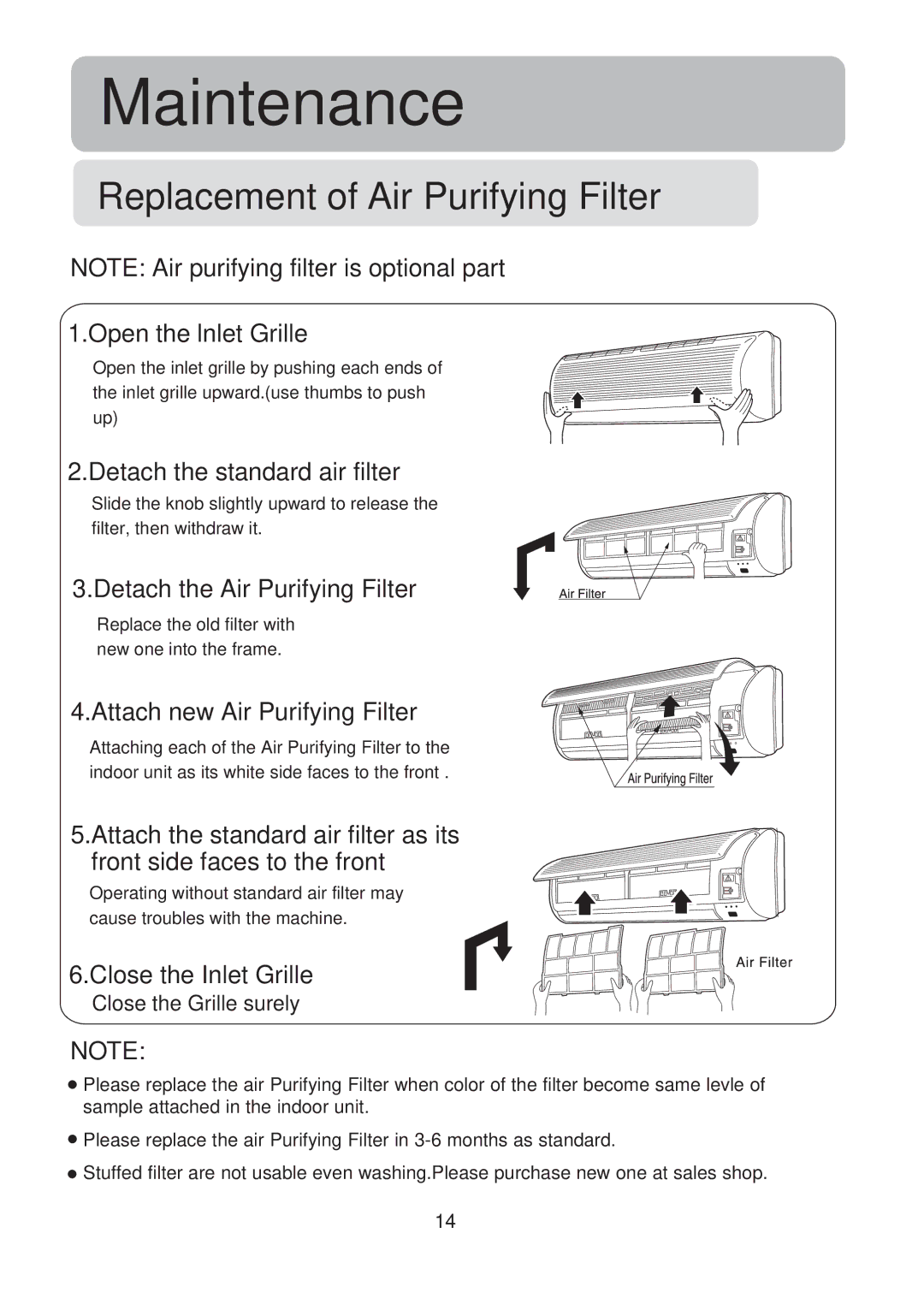 Haier HSU-09LE03, HSU-12LE03 Open the lnlet Grille, Detach the standard air filter, Detach the Air Purifying Filter 