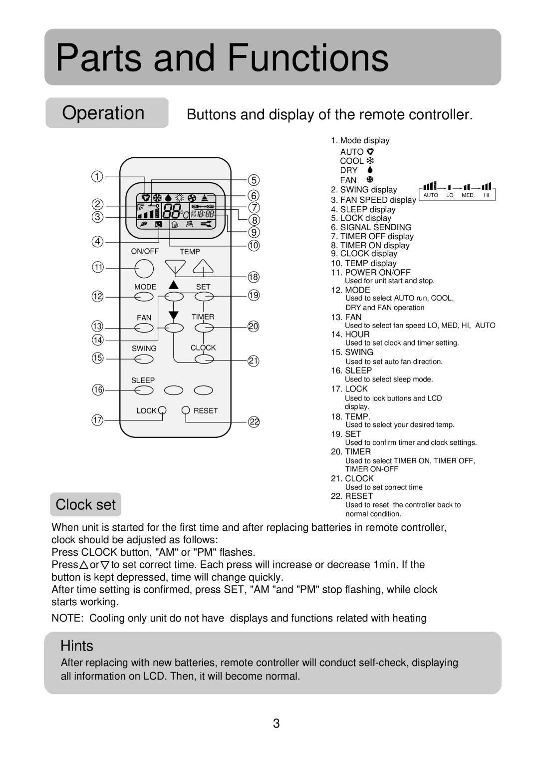 Haier HSU-12LE03, HSU-09LE03, HSU-18LE03 Operation Buttons and display of the remote controller, Clock set, Hints 