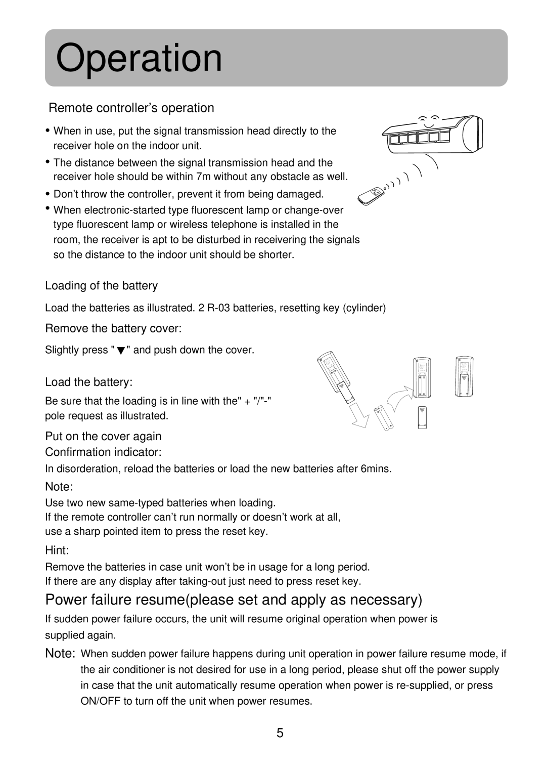 Haier HSU-22LE03 Operation, Power failure resumeplease set and apply as necessary, Remote controllers operation 