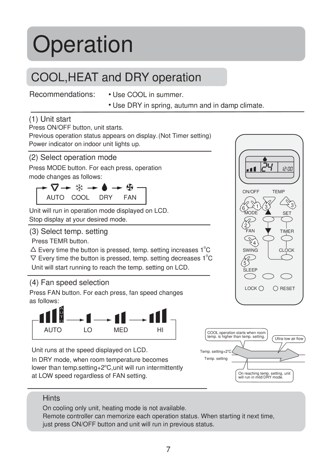 Haier HSU-12LE03, HSU-09LE03 COOL,HEAT and DRY operation, Recommendations, Select temp. setting, Fan speed selection 