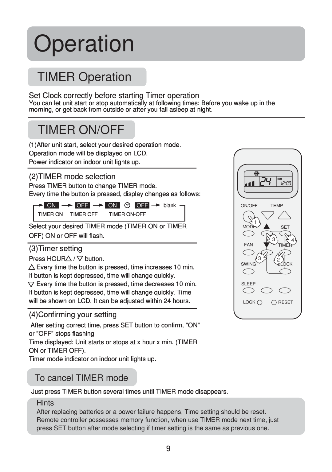 Haier HSU-22LE03 TIMER Operation, Timer On/Off, To cancel TIMER mode, 2TIMER mode selection, 3Timer setting, Hints 