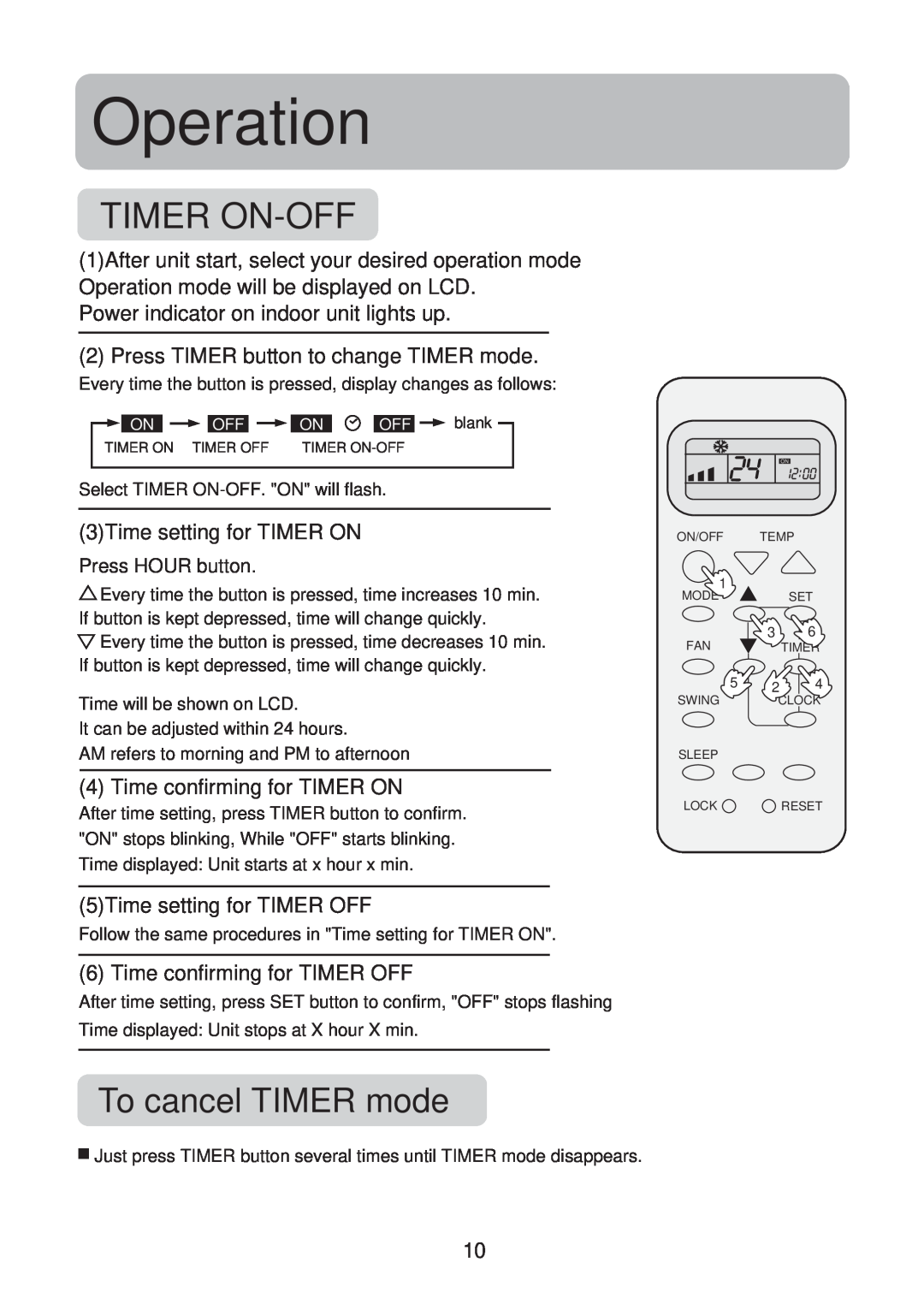 Haier HSU-09LE03, HSU-12LE03 Timeron--Off, To cancel TIMER mode, Operation, Power indicator on indoor unit lights up 