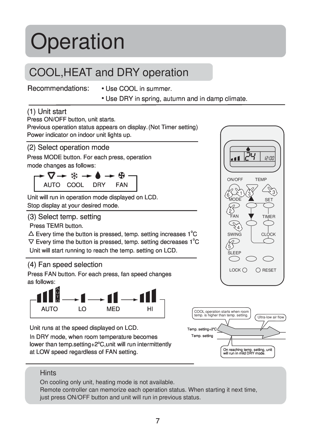 Haier HSU-12LE03 COOL,HEAT and DRY operation, Operation, Recommendations, Unit start, Select operation mode, Hints 