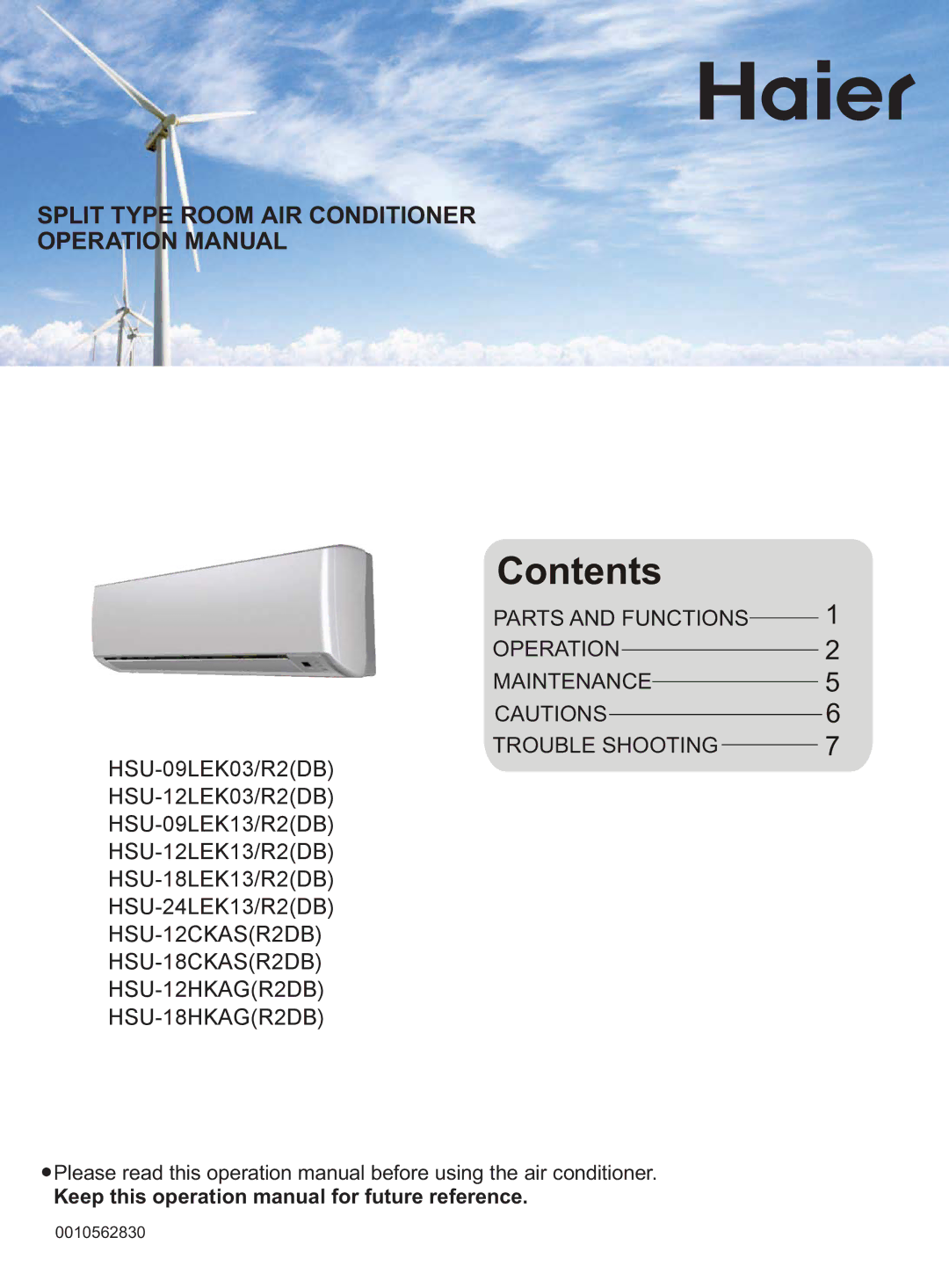 Haier HSU-09LEK13/R2(DB), HSU-09LEK03/R2(DB), HSU-12LEK13/R2(DB), HSU-18CKAS(R2DB) operation manual Contents 