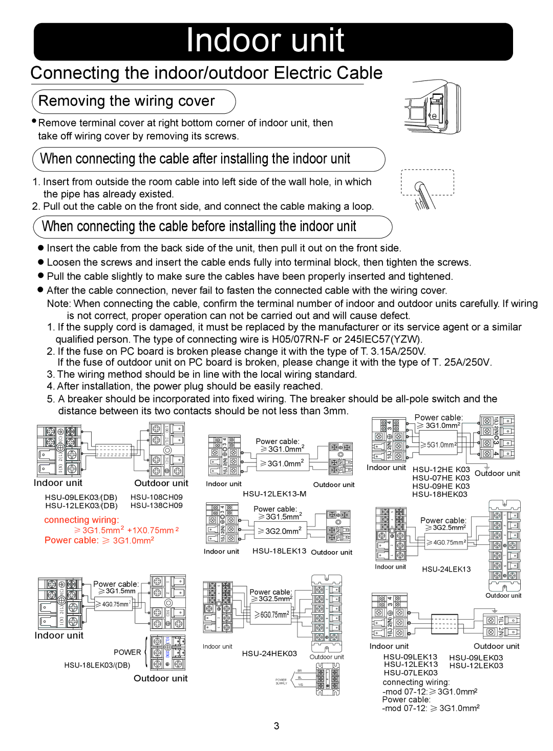 Haier HSU-07LEK03, HSU-09LEK13, HSU-09LEK03, HSU-07HEK03 Indoor unit, Connecting the indoor/outdoor Electric Cable 