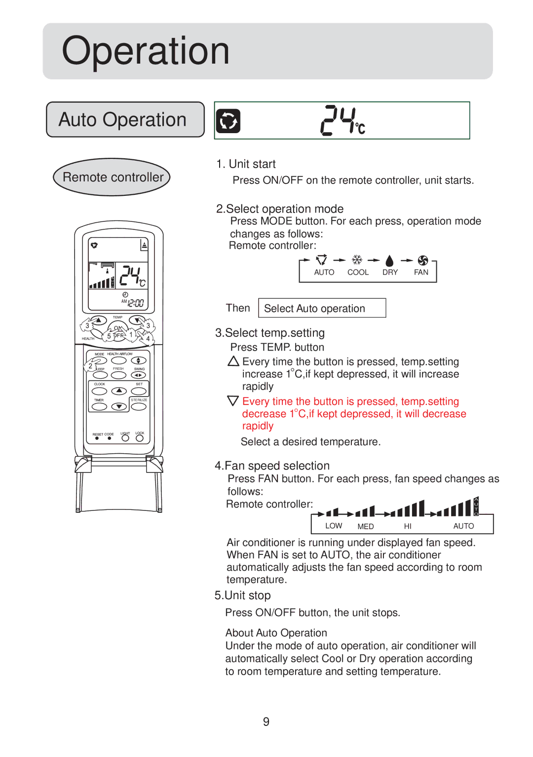 Haier HSU-12LH13, HSU-09LH13, 001050 operation manual Auto Operation 