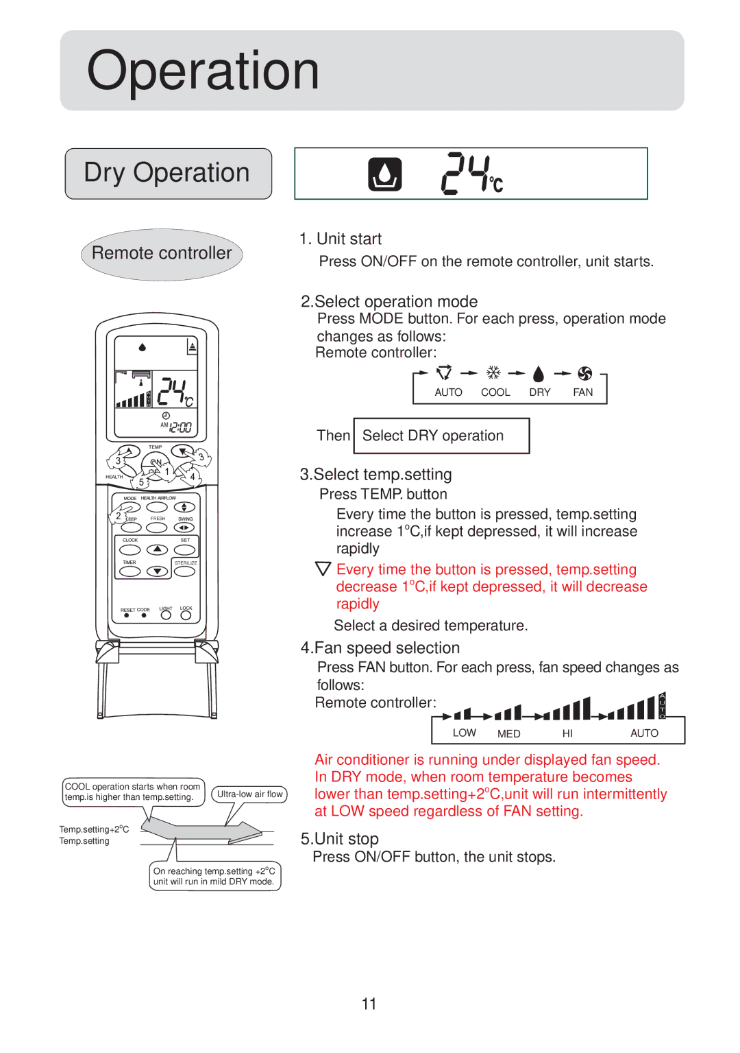 Haier HSU-09LH13, HSU-12LH13, 001050 operation manual Dry Operation 