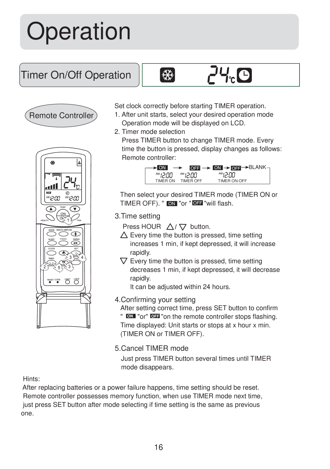 Haier HSU-12LH13, HSU-09LH13, 001050 Timer On/Off Operation, Time setting, Confirming your setting, Cancel Timer mode 