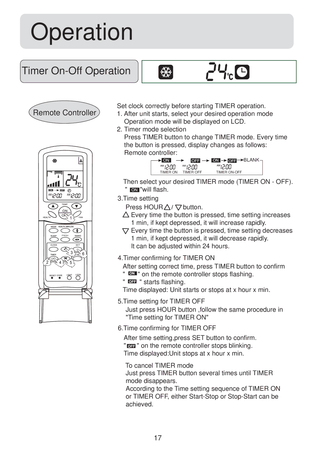 Haier 001050, HSU-09LH13, HSU-12LH13 operation manual Timer On-Off Operation 