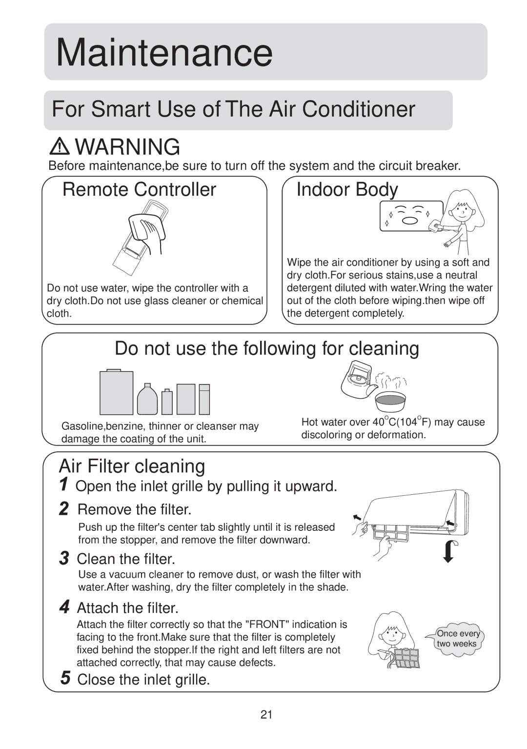 Haier 001050, HSU-09LH13, HSU-12LH13 Remote Controller, Do not use the following for cleaning, Air Filter cleaning 