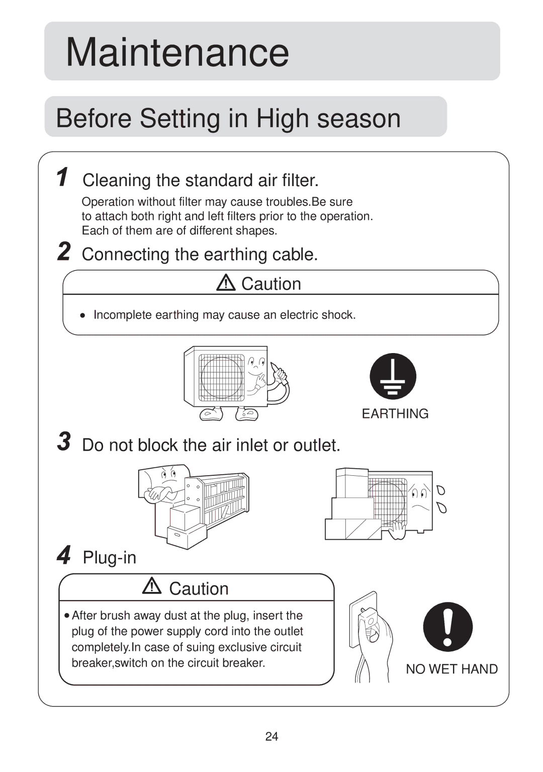 Haier 001050 Cleaning the standard air filter, Connecting the earthing cable, Do not block the air inlet or outlet Plug-in 