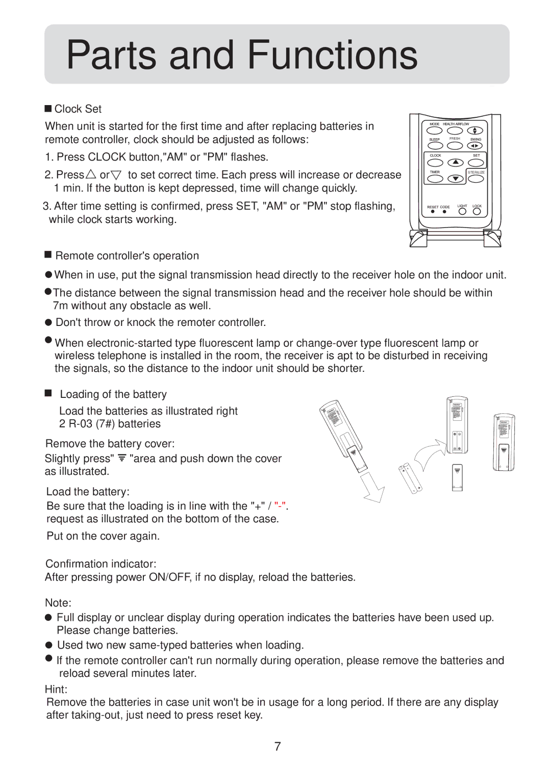 Haier 001050, HSU-09LH13, HSU-12LH13 operation manual Parts and Functions 