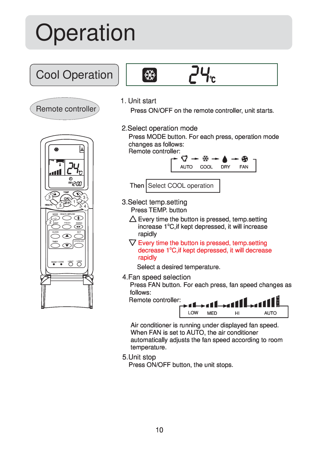 Haier 001050 Cool Operation, Remote controller, Unit start, Select operation mode, Select temp.setting, Unit stop 