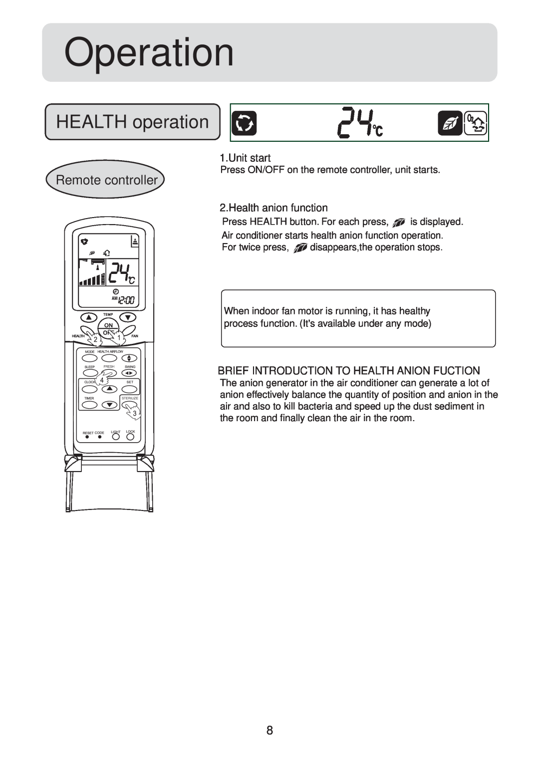 Haier HSU-09LH13, HSU-12LH13, 001050 operation manual Operation, HEALTH operation, Remote controller 