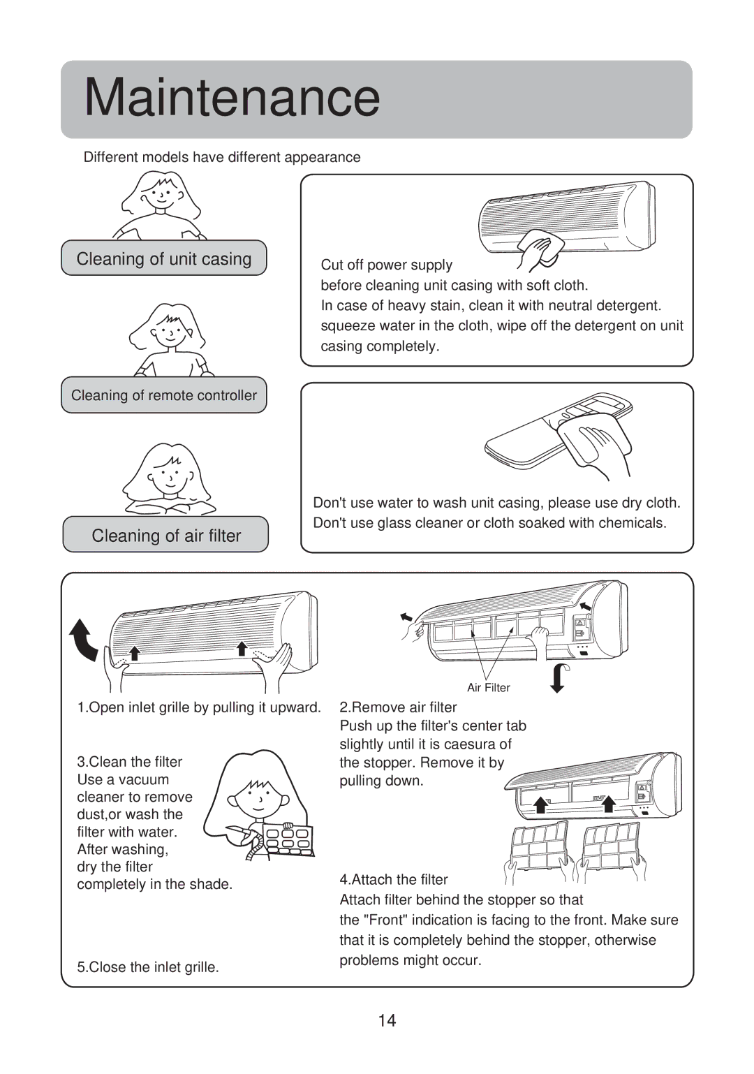 Haier HSU-09R04, HSU-12R04, HSU-24R04, HSU-18R04 operation manual Maintenance, Cleaning of unit casing, Cleaning of air filter 