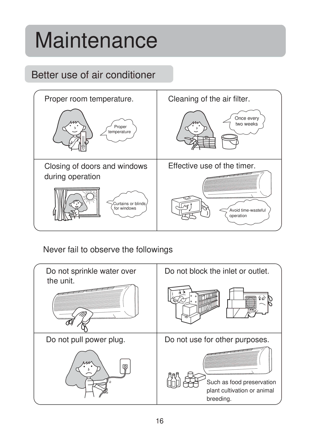 Haier HSU-24R04, HSU-09R04, HSU-12R04, HSU-18R04 Better use of air conditioner, Never fail to observe the followings 