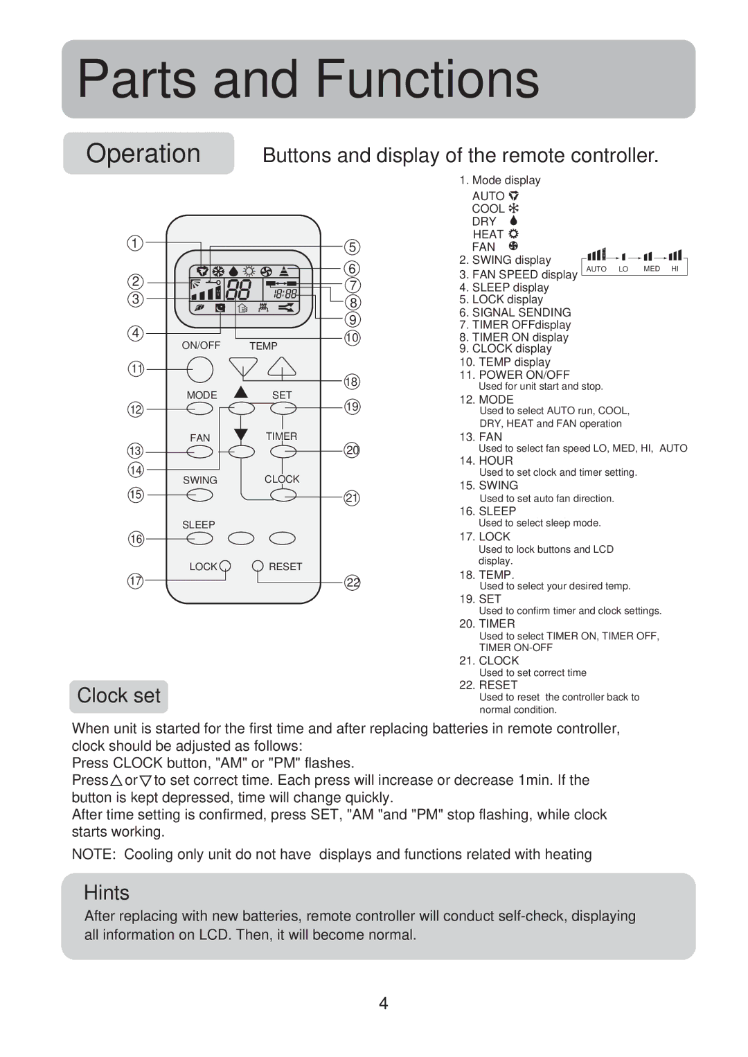 Haier HSU-24R04, HSU-09R04, HSU-12R04, HSU-18R04 operation manual Clock set, Hints 