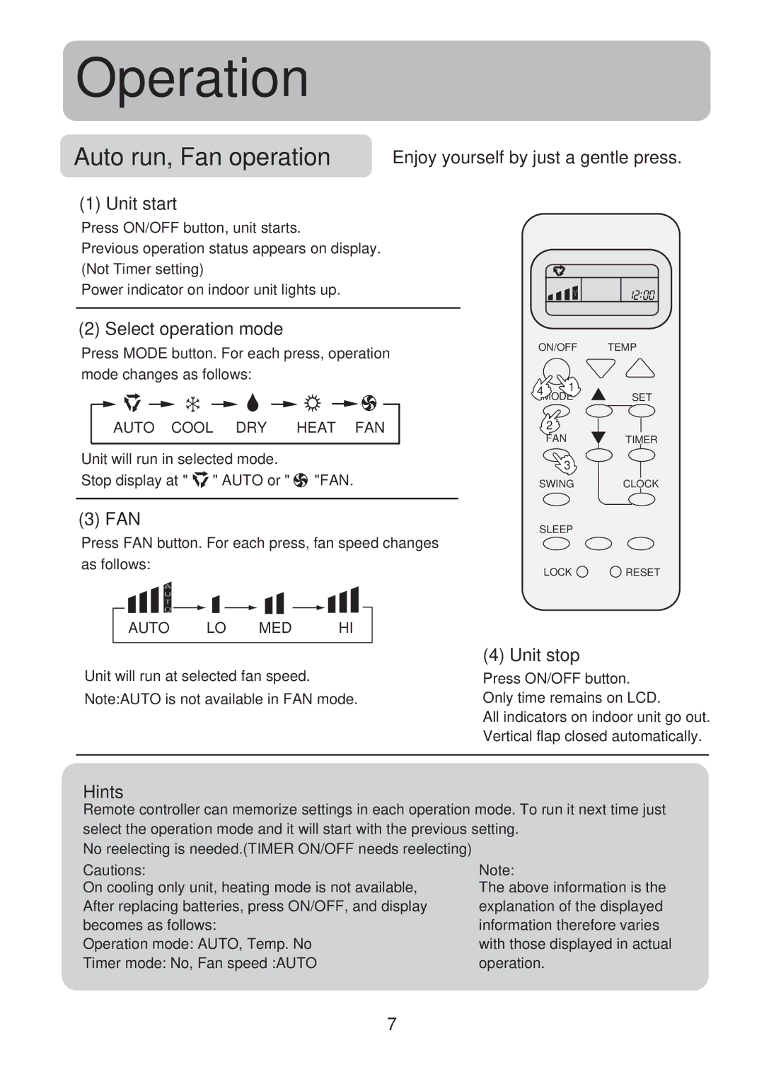 Haier HSU-12R04, HSU-09R04 Enjoy yourself by just a gentle press, Unit start, Select operation mode, Fan, Unit stop, Hints 