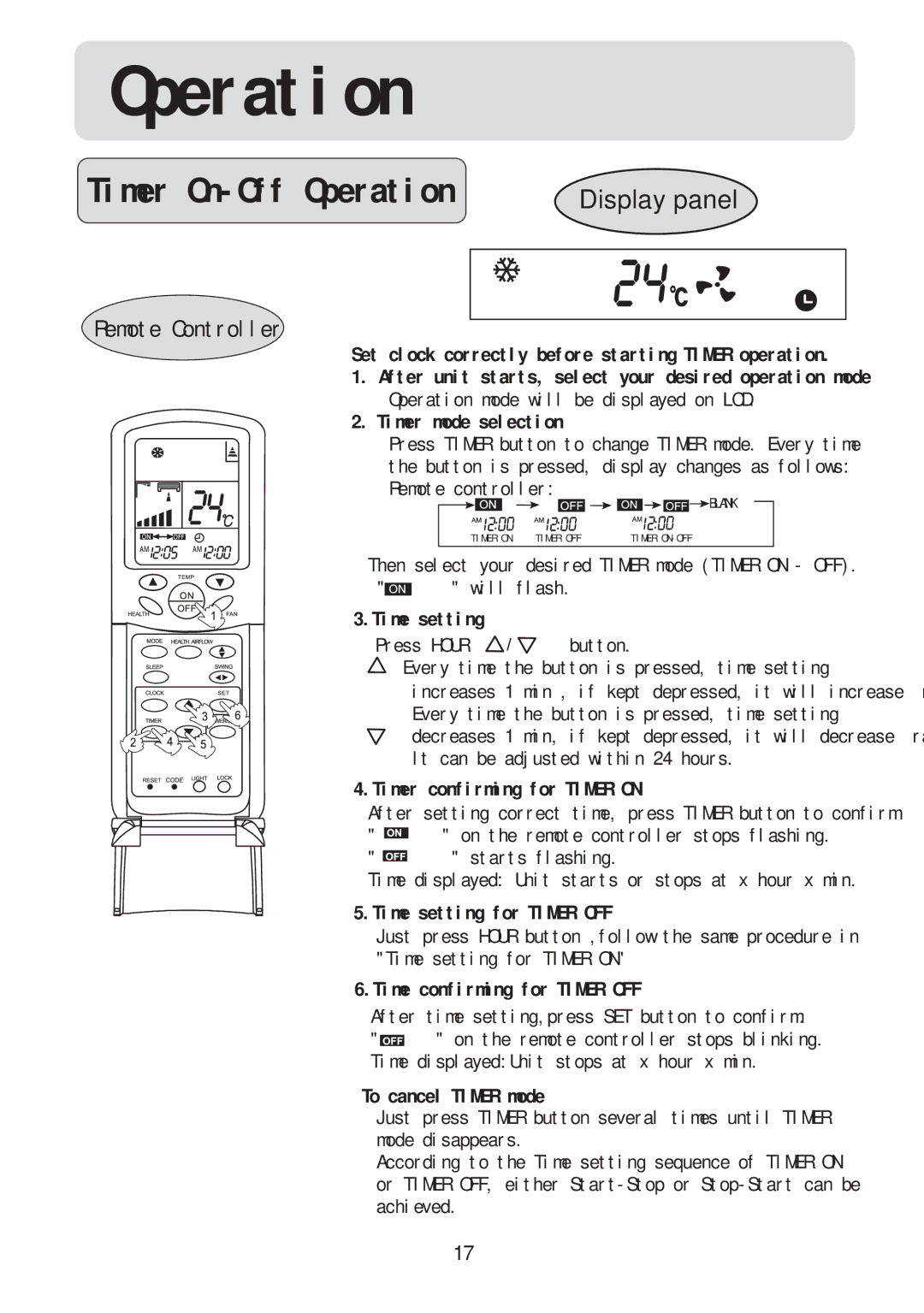 Haier HSU-22RC03/R2(DB), HSU-09RC03/R2(DB), HSU-12RC03/R2(DB), HSU-18RC03/R2(DB) Timer On-Off Operation, Time setting 