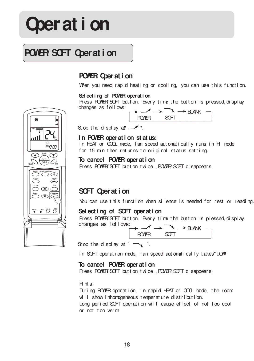 Haier HSU-18RC03/R2(DB), HSU-09RC03/R2(DB), HSU-12RC03/R2(DB), HSU-22RC03/R2(DB) POWER/SOFT Operation, Power Operation 