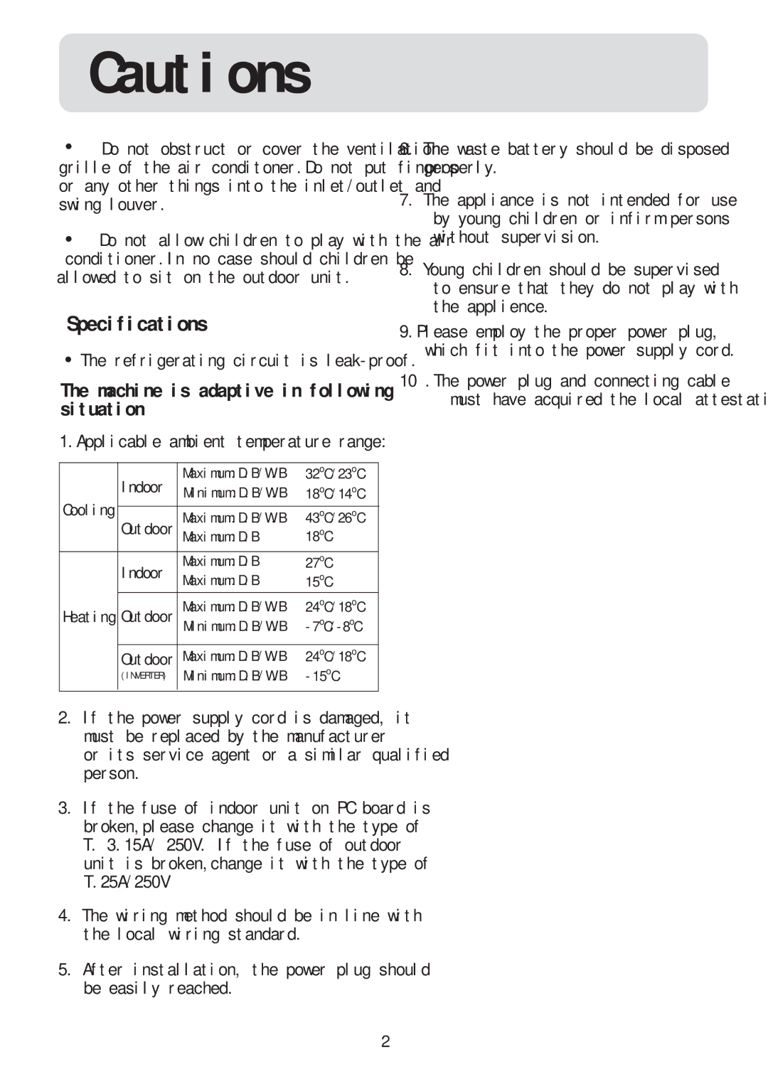 Haier HSU-18RC03/R2(DB), HSU-09RC03/R2(DB), HSU-12RC03/R2(DB), HSU-22RC03/R2(DB) operation manual Specifications 