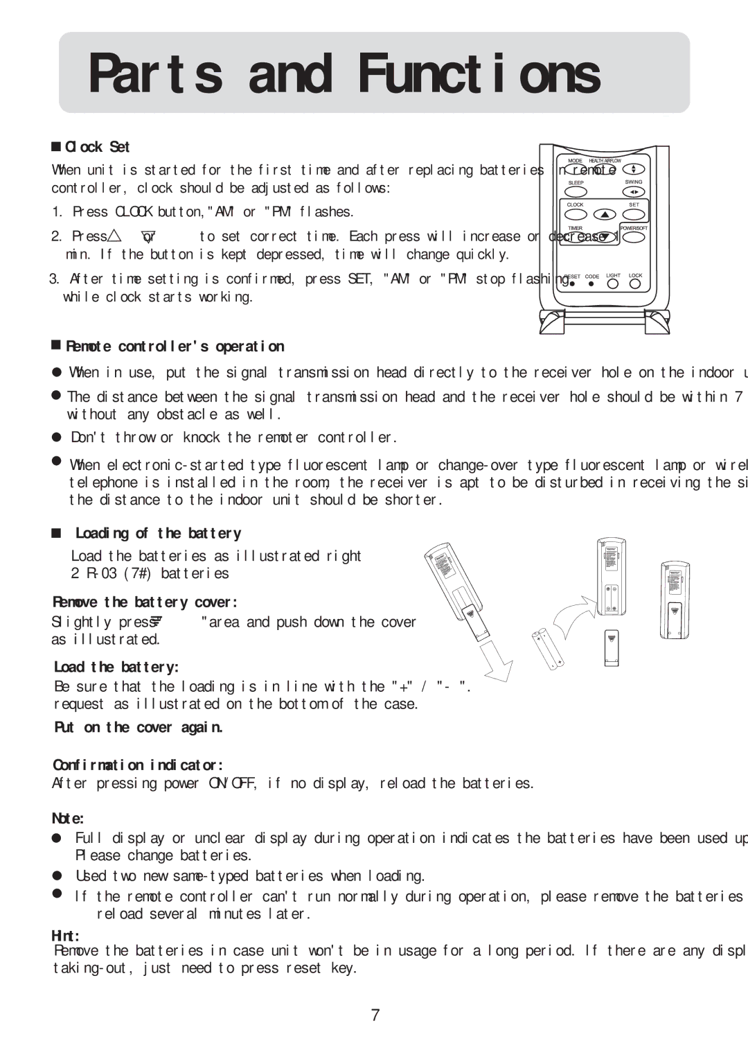 Haier HSU-09RC03/R2(DB), HSU-12RC03/R2(DB), HSU-22RC03/R2(DB), HSU-18RC03/R2(DB) operation manual Loading of the battery 