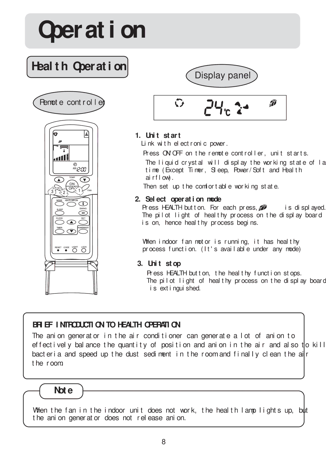 Haier HSU-12RC03/R2(DB), HSU-09RC03/R2(DB) operation manual Health Operation, Unit start, Select operation mode, Unit stop 