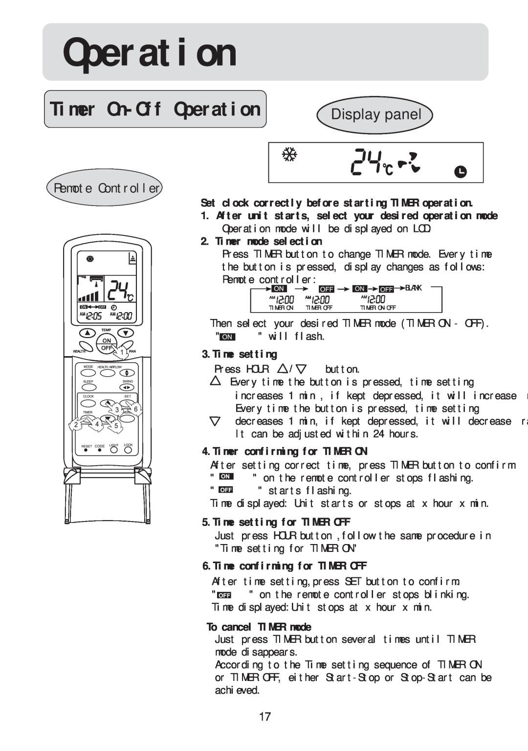 Haier HSU-22RC03/R2(DB) Timer On-OffOperation, Display panel, Timer mode selection, Time setting, To cancel TIMER mode 