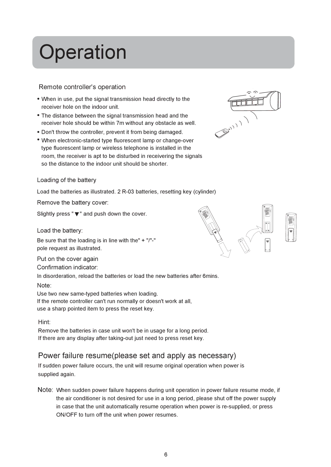 Haier HSU-09RF03/R2 Operation, Power failure resumeplease set and apply as necessary, Remote controllers operation 