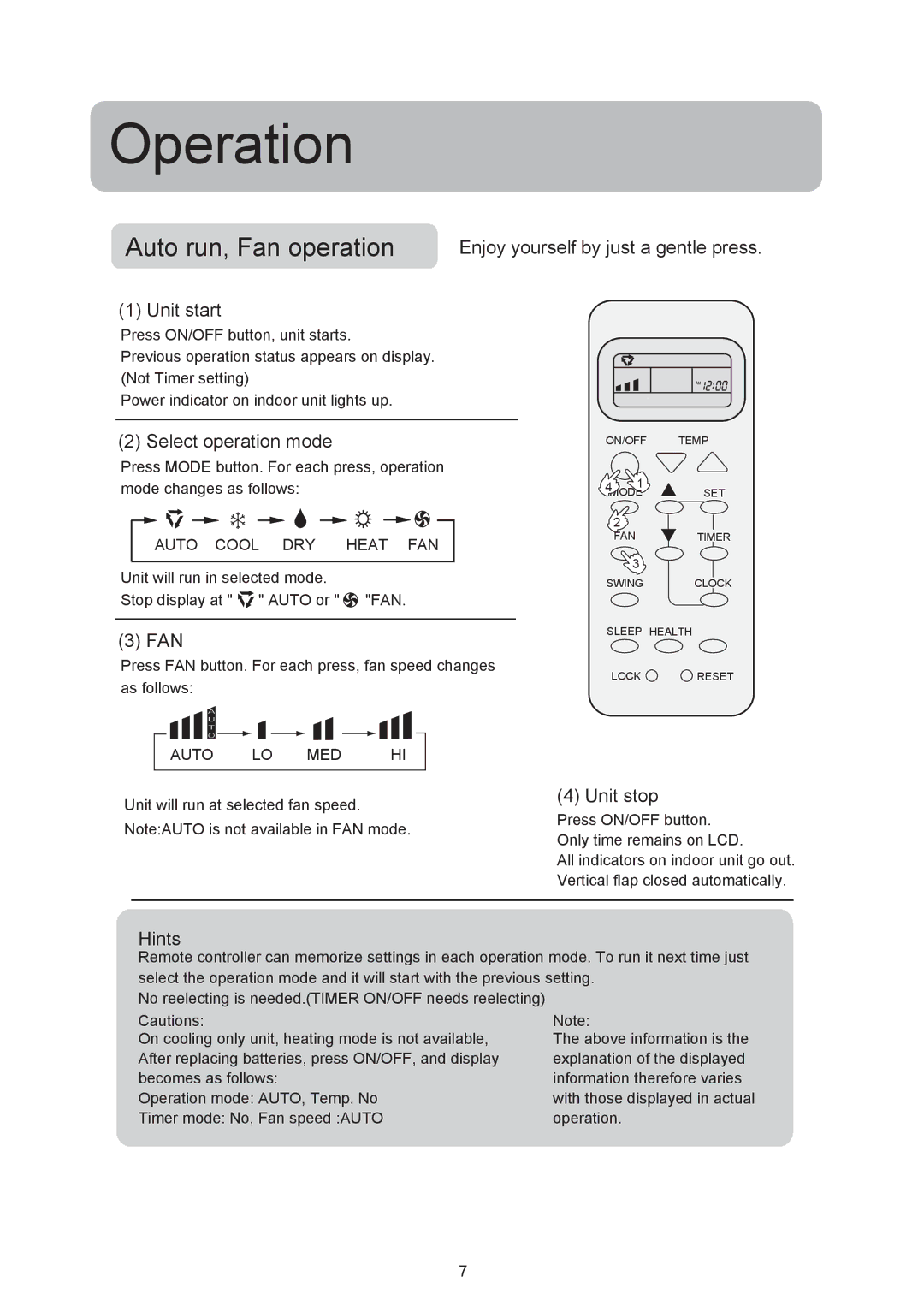 Haier HSU-12RF03/R2 Enjoy yourself by just a gentle press, Unit start, Select operation mode, Fan, Unit stop, Hints 