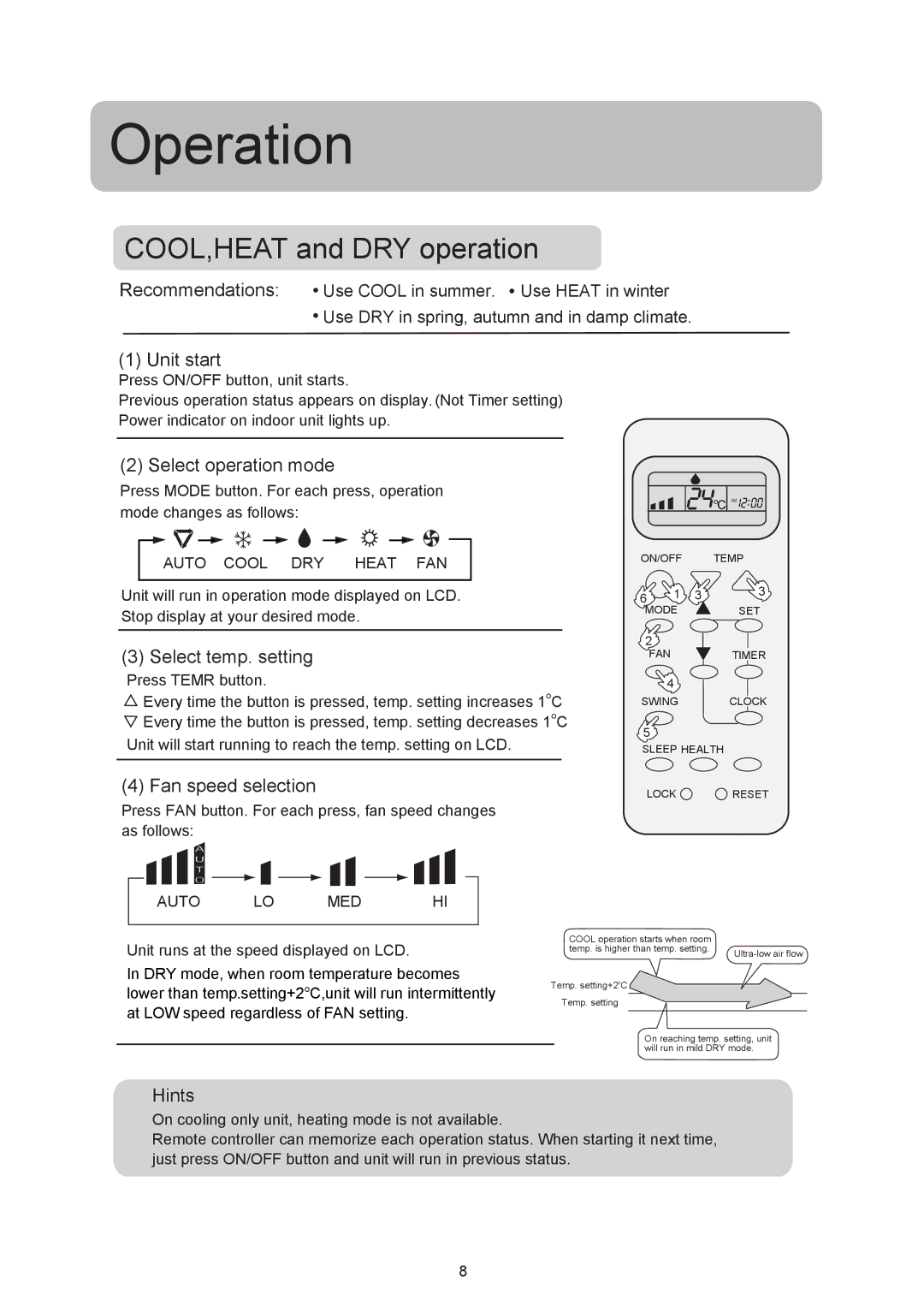 Haier HSU-09RF03/R2, HSU-12RF03/R2 operation manual Select temp. setting, Fan speed selection 