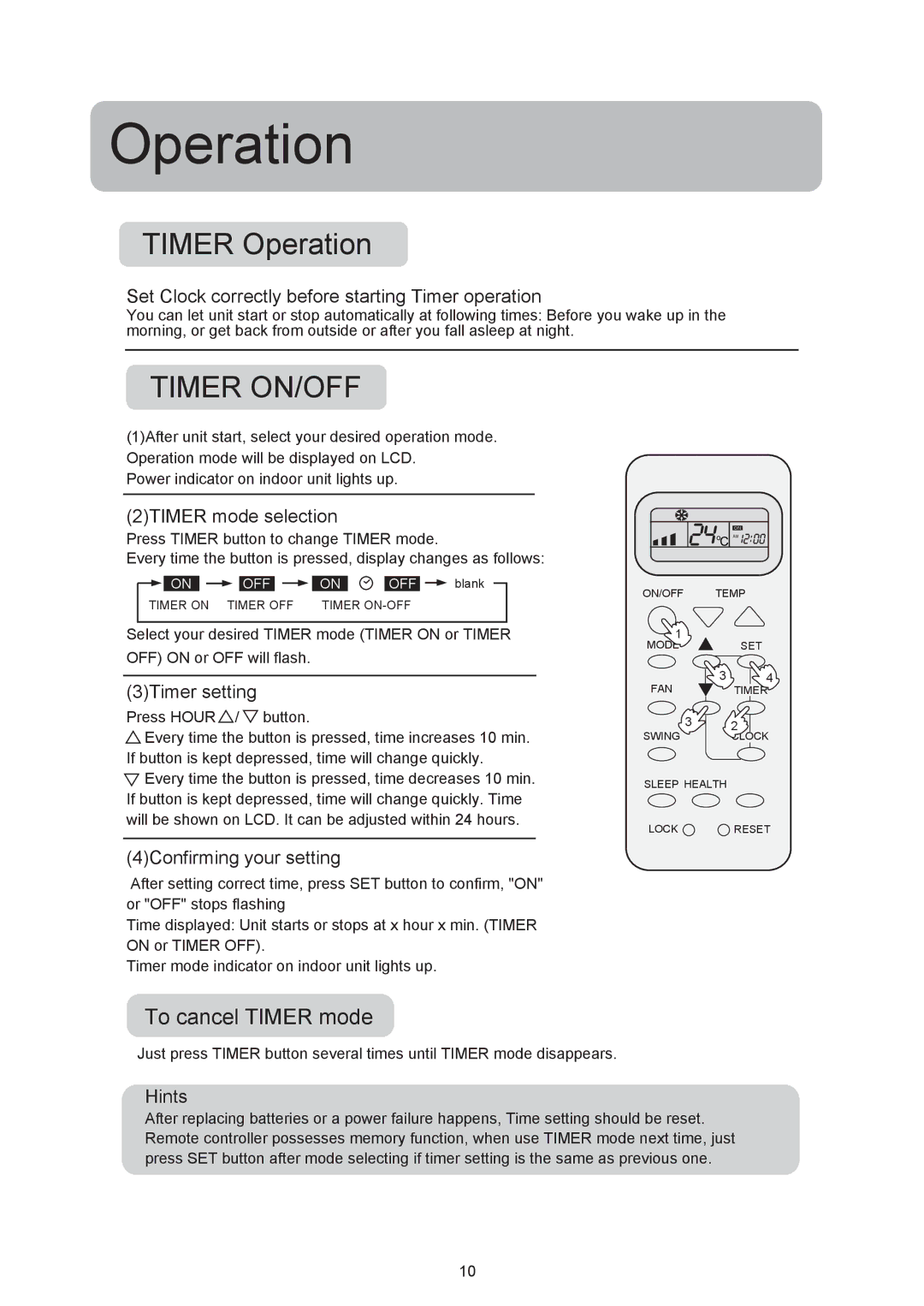 Haier HSU-09RF03/R2 To cancel Timer mode, Set Clock correctly before starting Timer operation, 2TIMER mode selection 