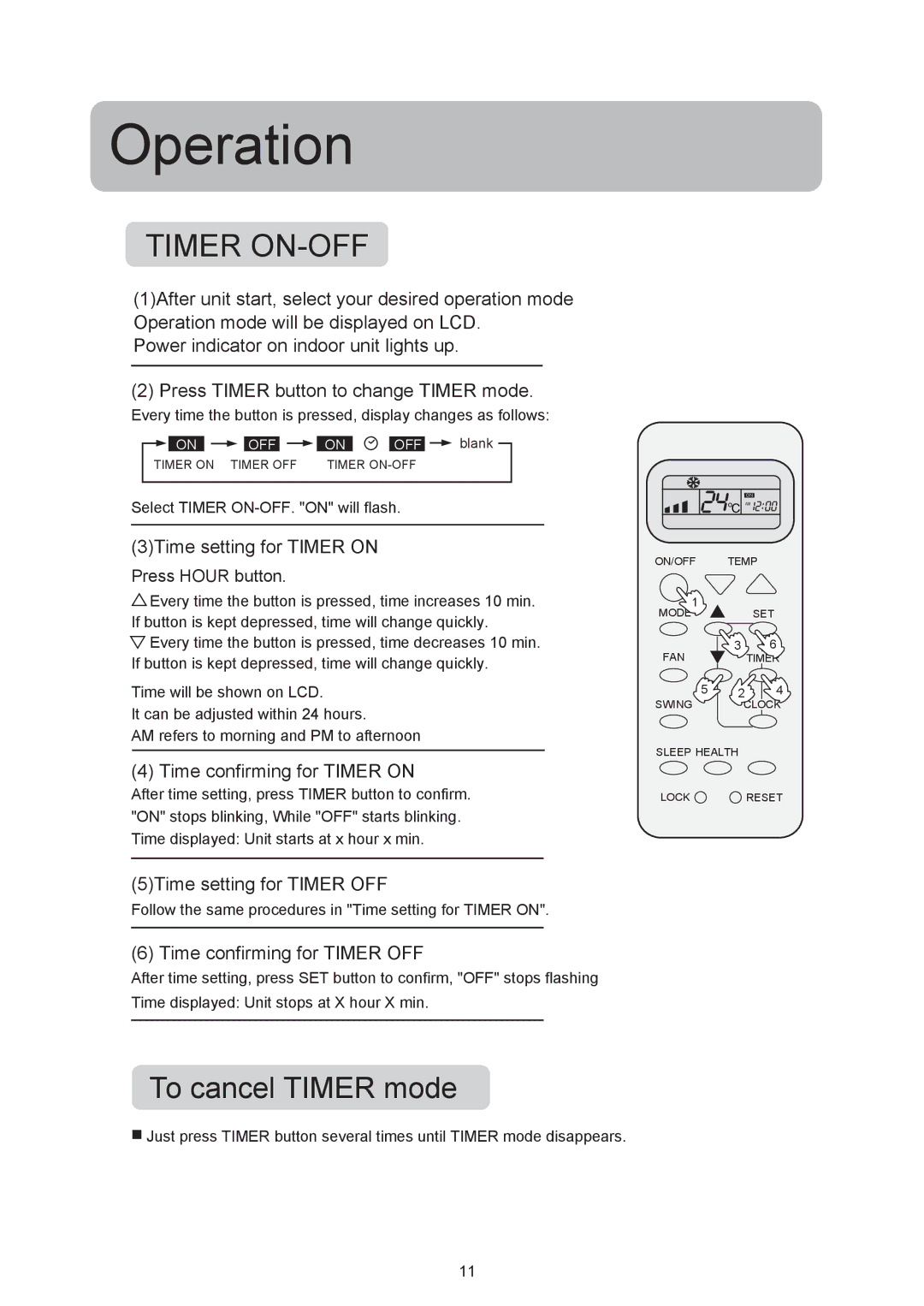 Haier HSU-12RF03/R2, HSU-09RF03/R2 3Time setting for Timer on, Time confirming for Timer on, 5Time setting for Timer OFF 