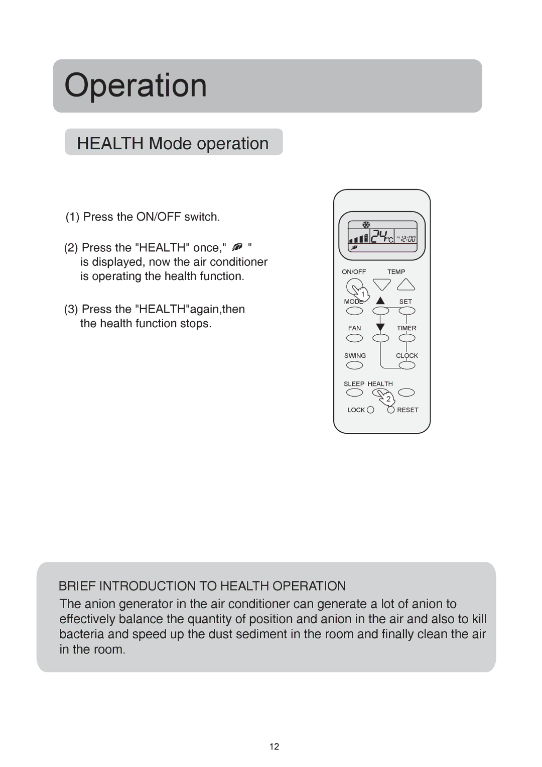 Haier HSU-09RF03/R2, HSU-12RF03/R2 operation manual Health Mode operation 