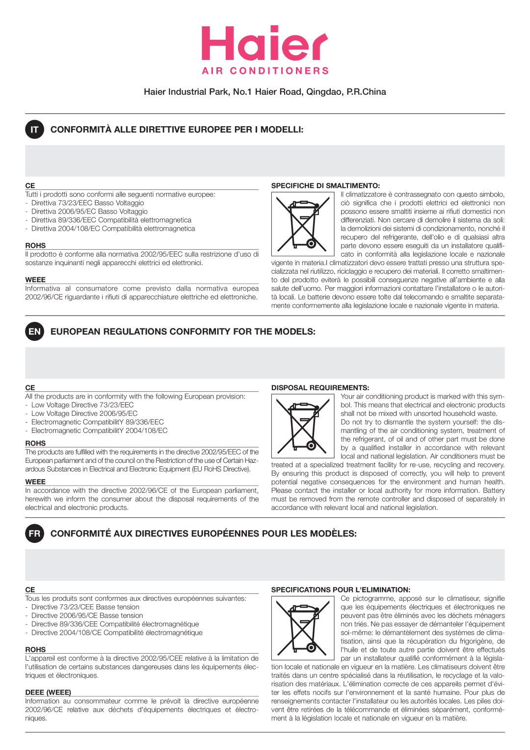 Haier HSU-09RF03/R2, HSU-12RF03/R2 operation manual IT Conformità Alle Direttive Europee PER I Modelli 