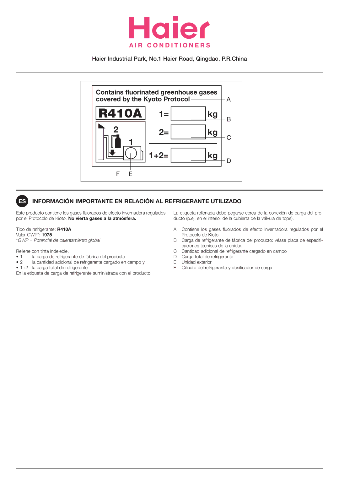 Haier HSU-12RF03/R2, HSU-09RF03/R2 operation manual GWP = Potencial de calentamiento global 