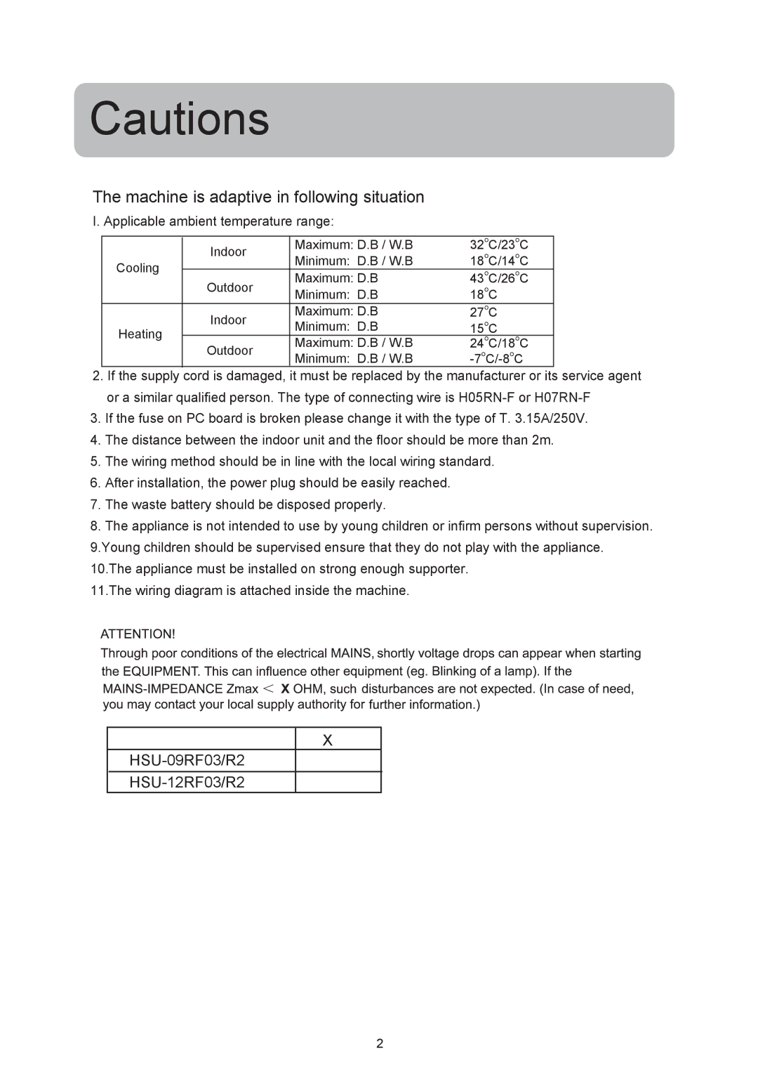 Haier operation manual Machine is adaptive in following situation, HSU-09RF03/R2 HSU-12RF03/R2 