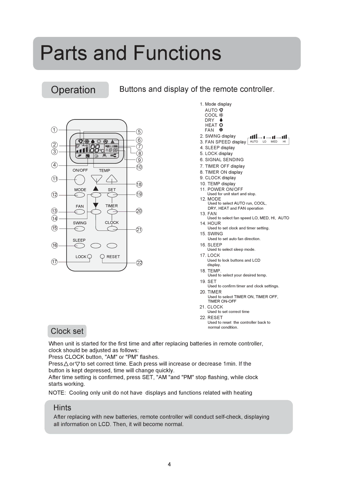 Haier HSU-09RF03/R2, HSU-12RF03/R2 operation manual Clock set, Hints 