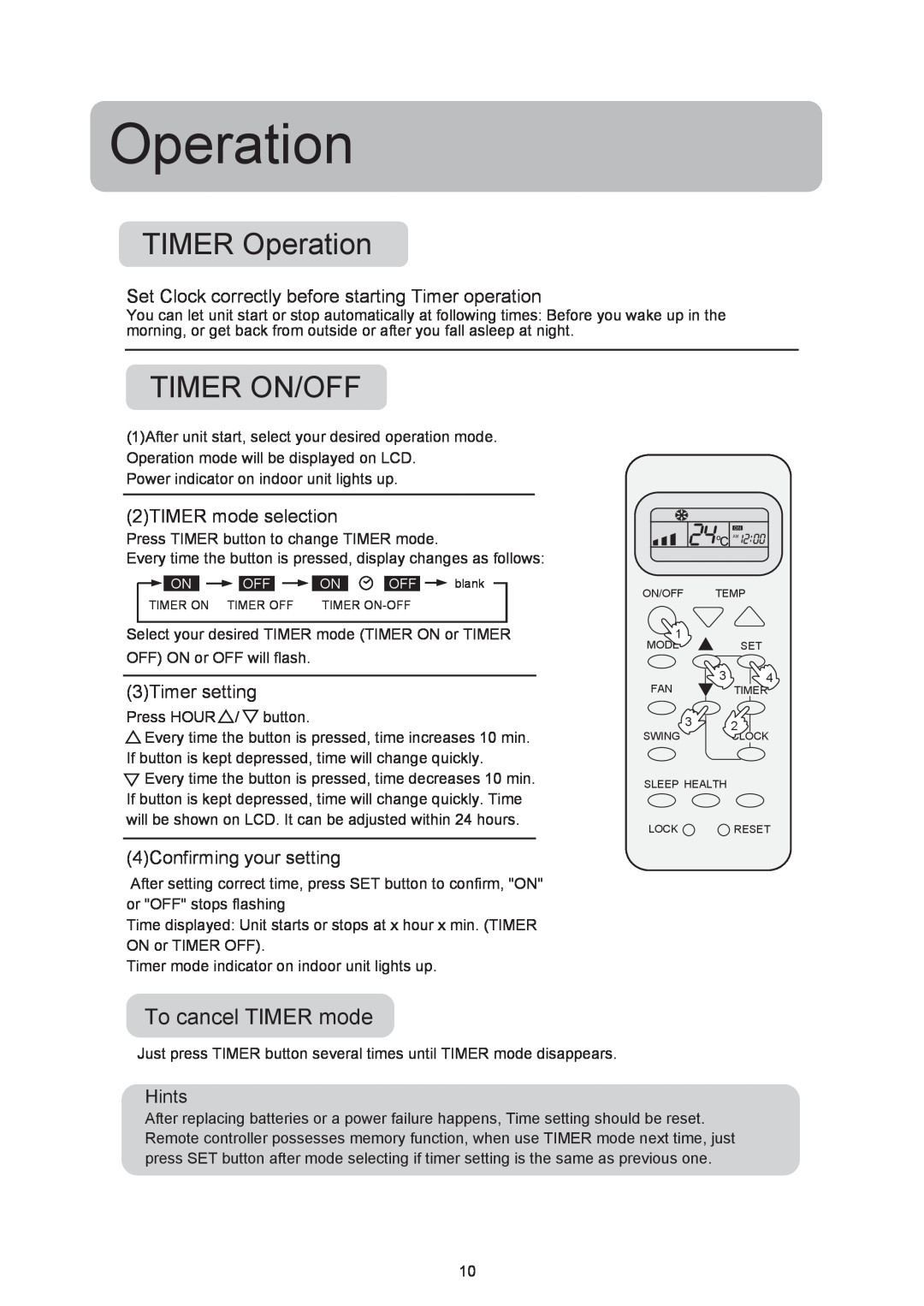 Haier HSU-09RF03/R2 TIMER Operation, Timer On/Off, To cancel TIMER mode, 2TIMER mode selection, 3Timer setting, Hints 