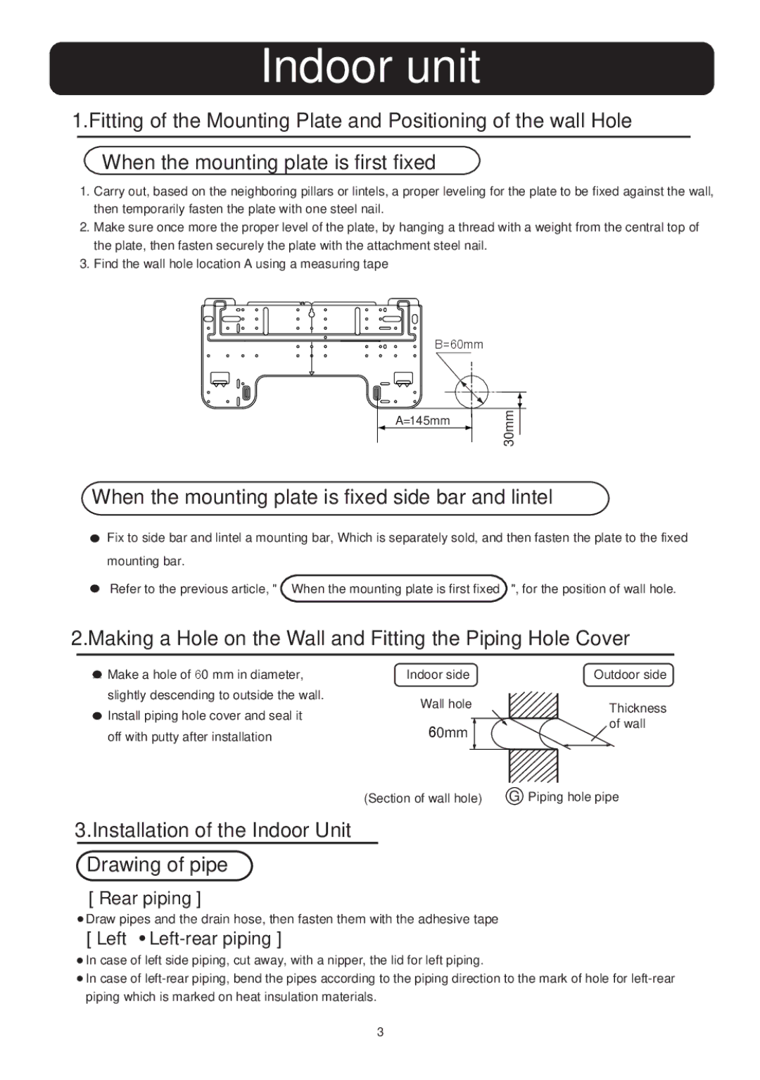 Haier HSU-1218CR03 When the mounting plate is fixed side bar and lintel, Installation of the Indoor Unit Drawing of pipe 