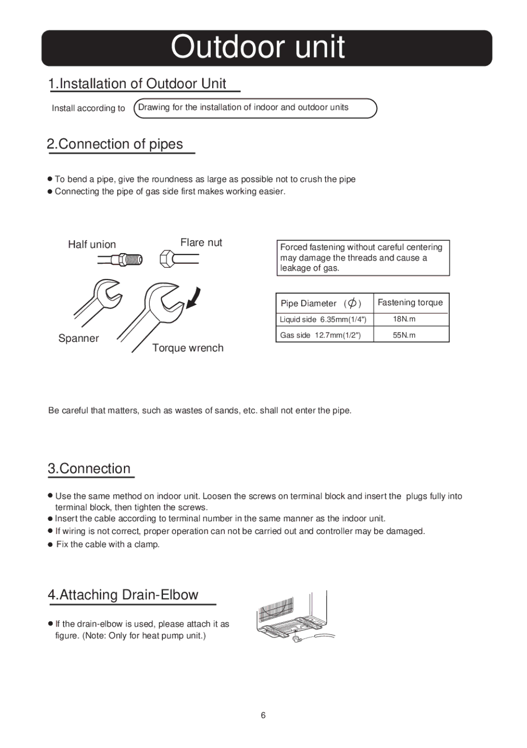 Haier HSU-1218CR03 Outdoor unit, Installation of Outdoor Unit, Connection of pipes, Attaching Drain-Elbow 