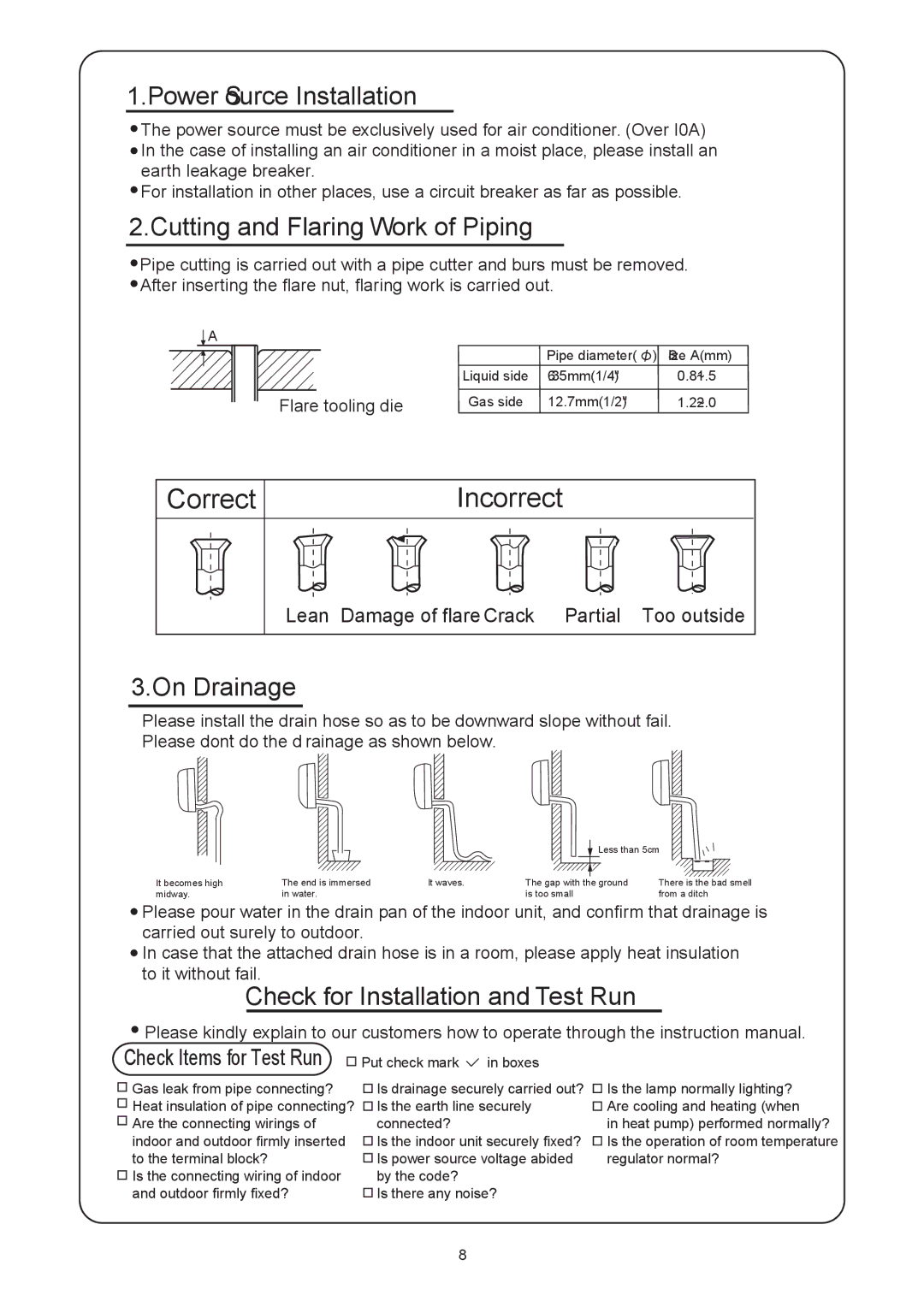 Haier HSU-1218CR03 installation manual Power Source Installation, Cutting and Flaring Work of Piping, On Drainage 