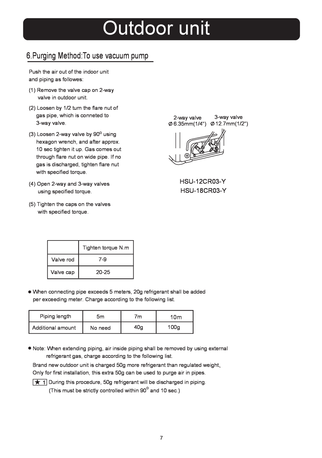 Haier HSU-1218CR03 installation manual Purging Method To use vacuum pump, Outdoor unit, HSU-12CR03-Y HSU-18CR03-Y 