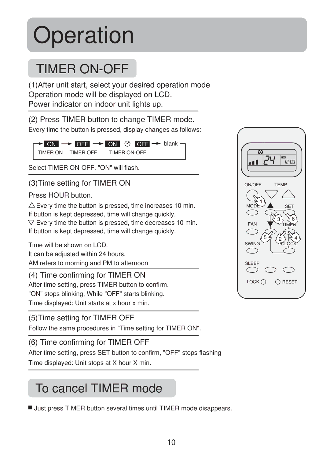 Haier HSU-129M07, HSU-119M07, HSU-189M07 To cancel Timer mode, 3Time setting for Timer on, Time confirming for Timer on 