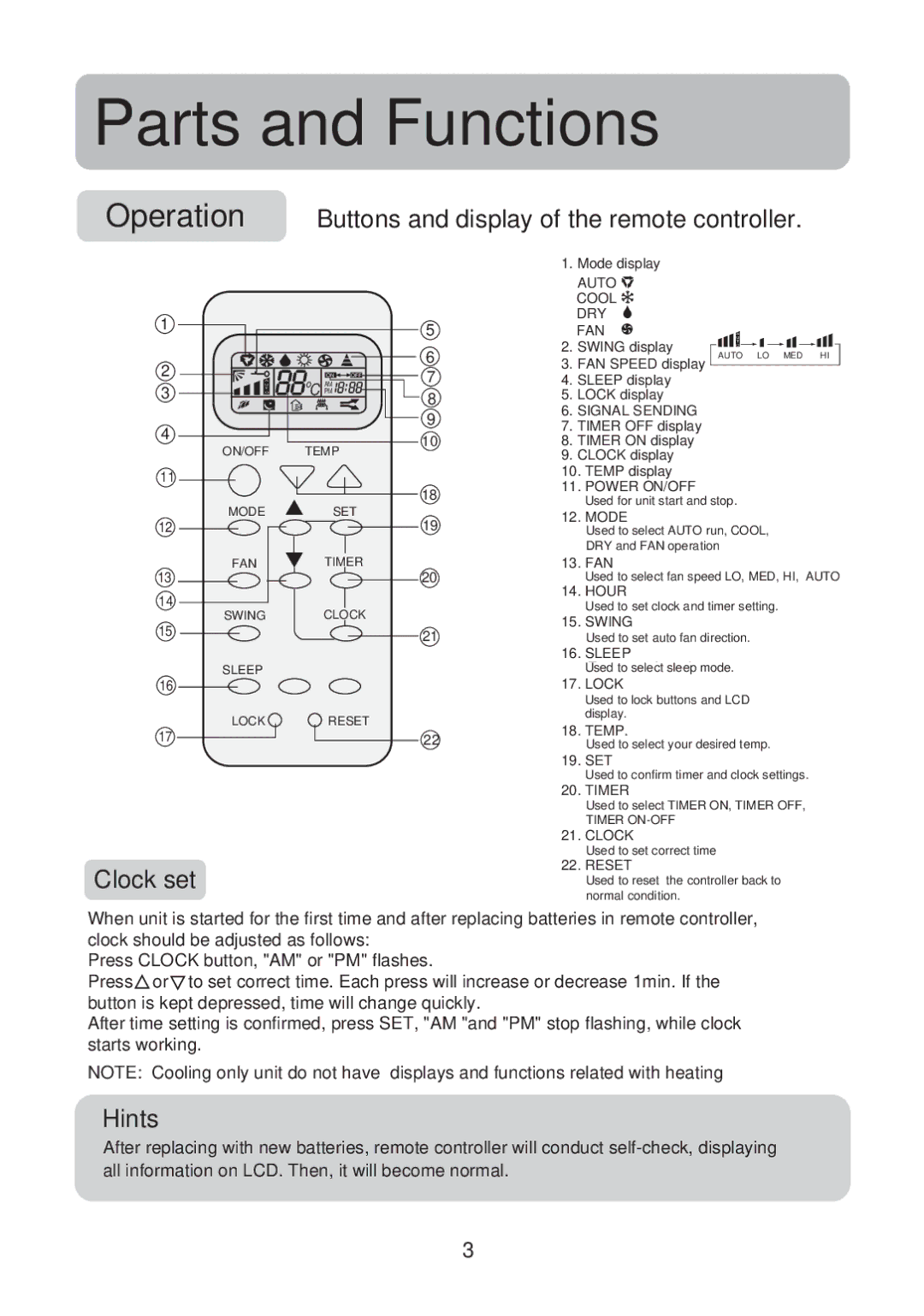 Haier HSU-119M07, HSU-129M07, HSU-189M07 Operation Buttons and display of the remote controller, Clock set, Hints 