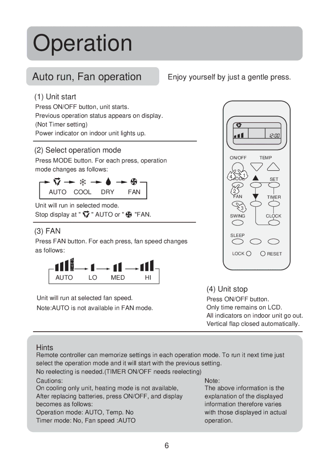 Haier HSU-129M07 Enjoy yourself by just a gentle press, Unit start, Select operation mode, Fan, Unit stop, Hints 