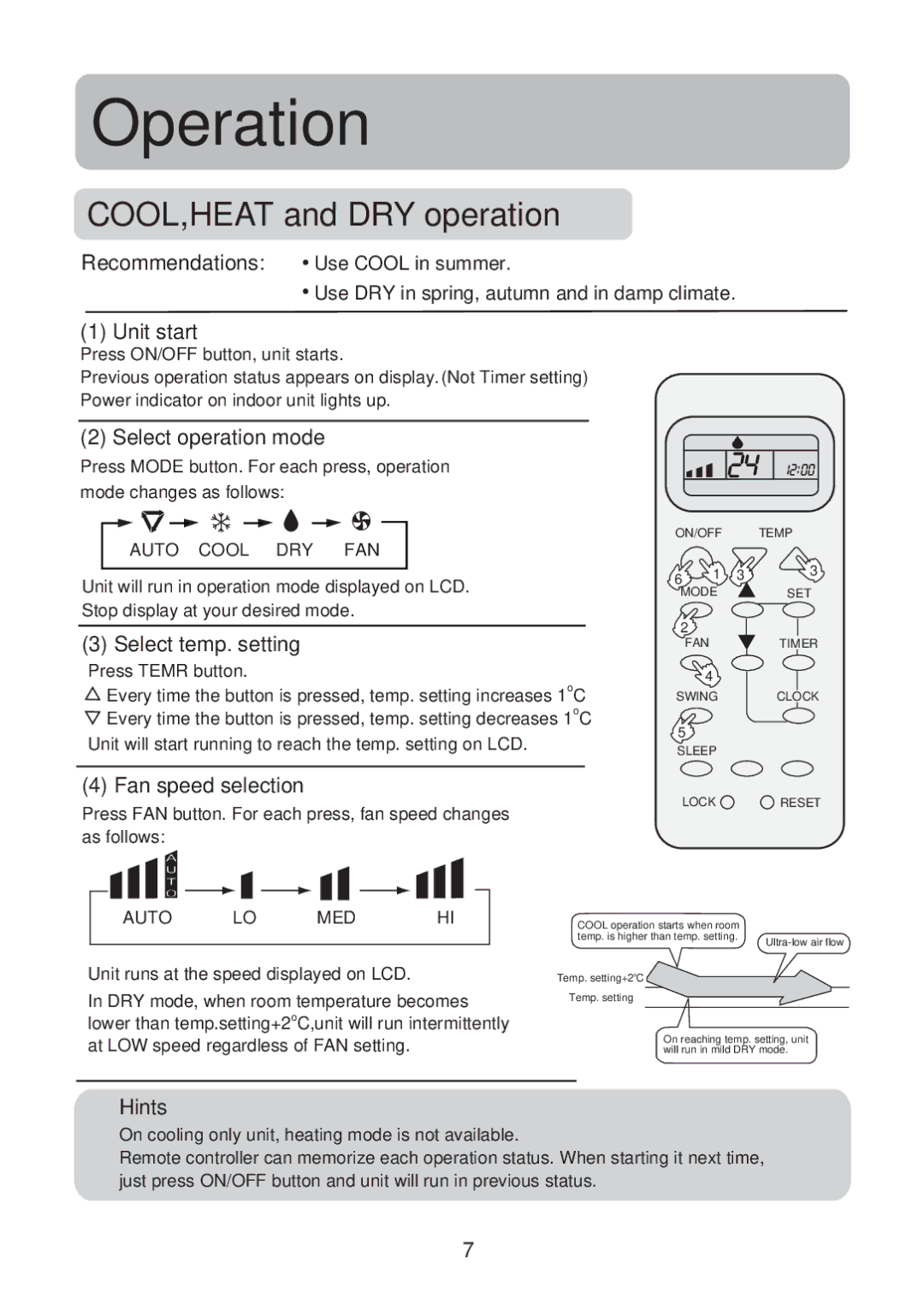 Haier HSU-119M07, HSU-129M07 COOL,HEAT and DRY operation, Recommendations, Select temp. setting, Fan speed selection 